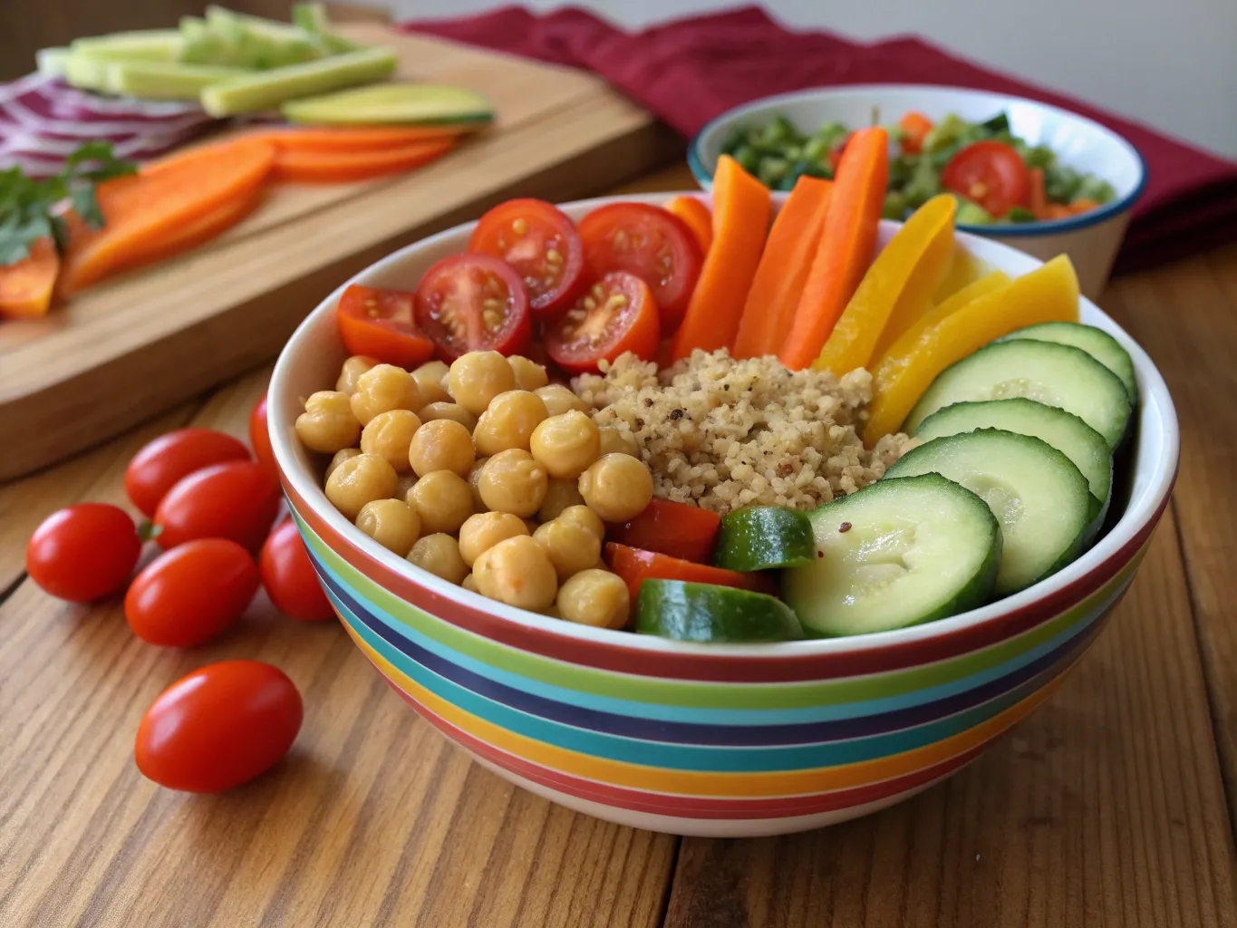 Bilde av en fargerik grønnsaksbolle med kikerter og quinoa