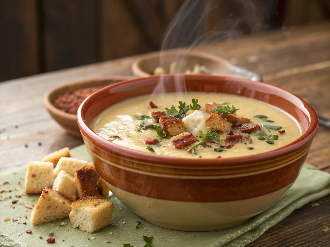 Bilde av en kremet suppe med toppinger